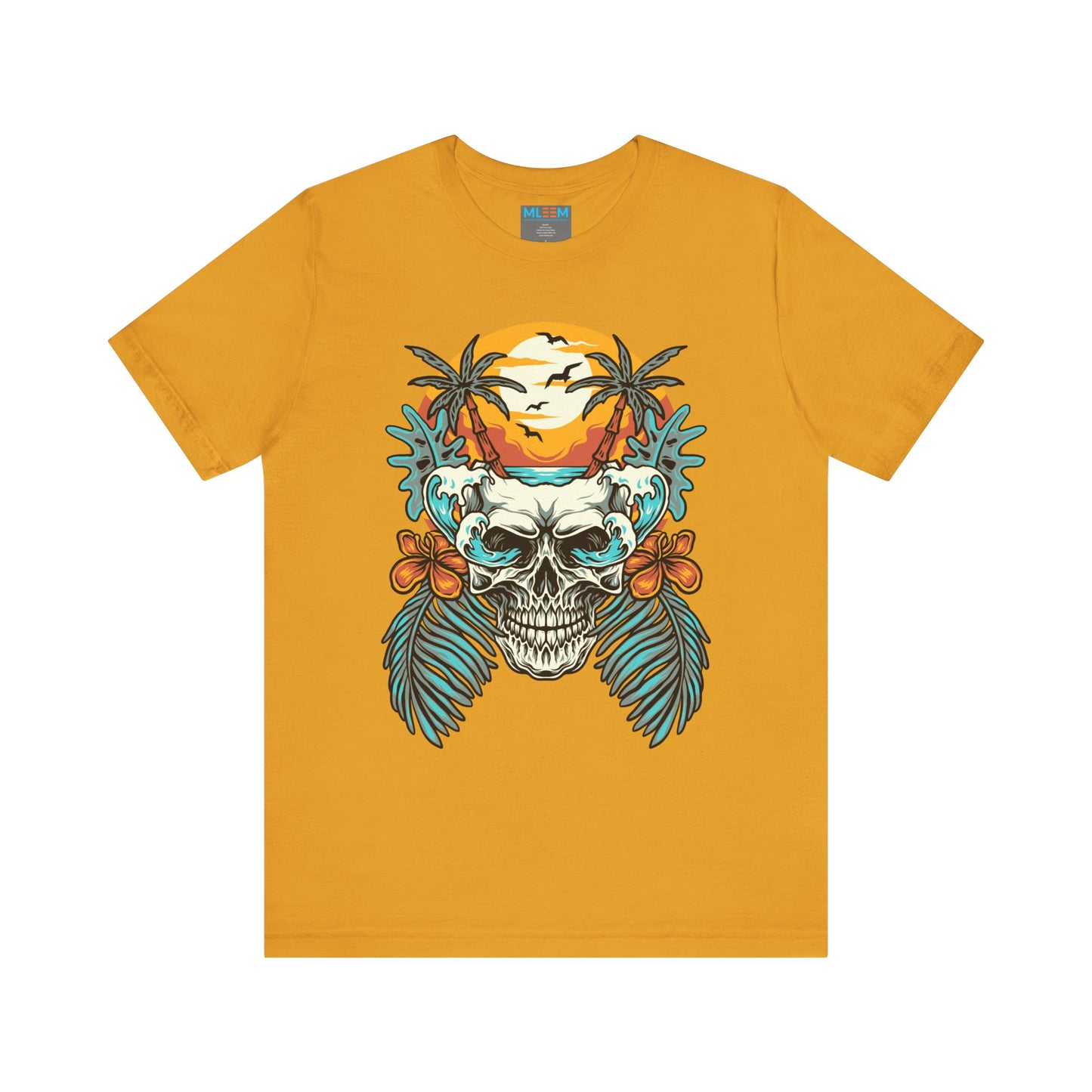Tropical Skull Graphic Tee - Unisex Short Sleeve Shirt with Palm Trees & Sunset