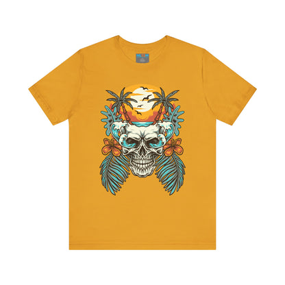Tropical Skull Graphic Tee - Unisex Short Sleeve Shirt with Palm Trees & Sunset