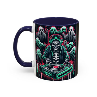 Gothic Coffee Mug, Spooky Mug, Halloween Gift, Ghost-Themed Drinkware, DJ Skull Mug, Music Lover’s Mug