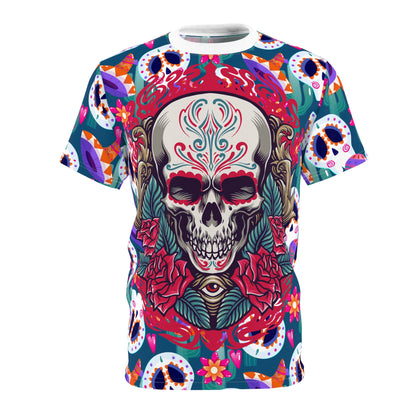 Colorful Skull Print Unisex Tee, Boho Shirt, Festival Wear, Day of the Dead Apparel, Edgy Fashion T-Shirt