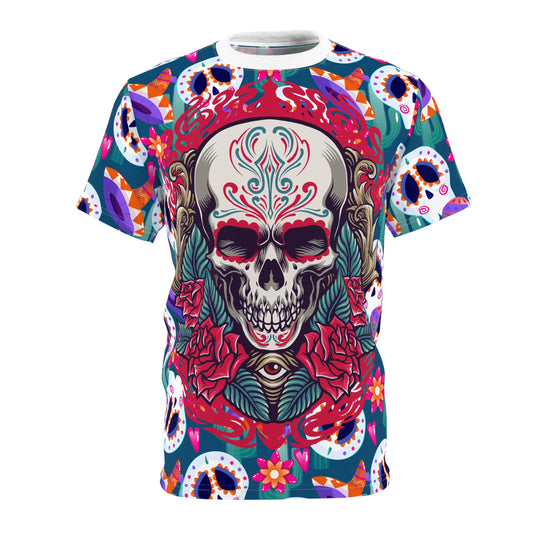 Colorful Skull Print Unisex Tee, Boho Shirt, Festival Wear, Day of the Dead Apparel, Edgy Fashion T-Shirt