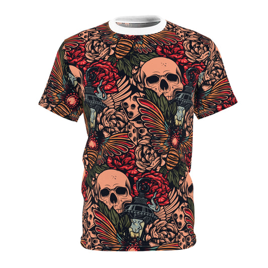 Gothic Floral Skull Tee, Edgy Graphic T-Shirt, Alternative Fashion, Unique Gift, Halloween Apparel, Vintage-Inspired Art