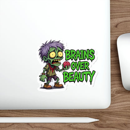 Zombie Brains Over Beauty Die-Cut Stickers, Halloween Decor, Laptop Stickers, Fun Gift for Ghoul Lovers, Quirky Accessories