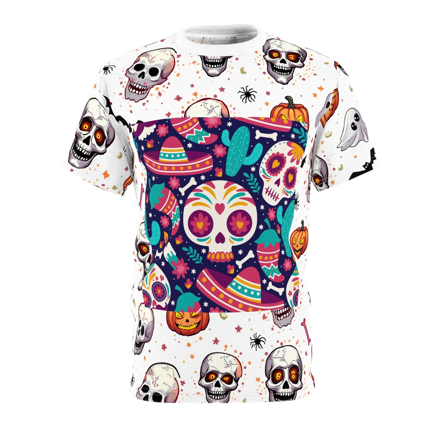 Vibrant Día de los Muertos Tee, Halloween Shirt, Sugar Skull Apparel, Unisex Graphic Tee, Festive Party Top, All-Over Print T-Shirt