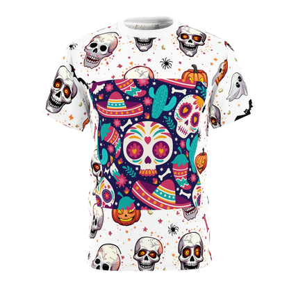 Vibrant Día de los Muertos Tee, Halloween Shirt, Sugar Skull Apparel, Unisex Graphic Tee, Festive Party Top, All-Over Print T-Shirt