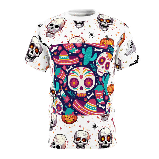 Vibrant Día de los Muertos Tee, Halloween Shirt, Sugar Skull Apparel, Unisex Graphic Tee, Festive Party Top, All-Over Print T-Shirt