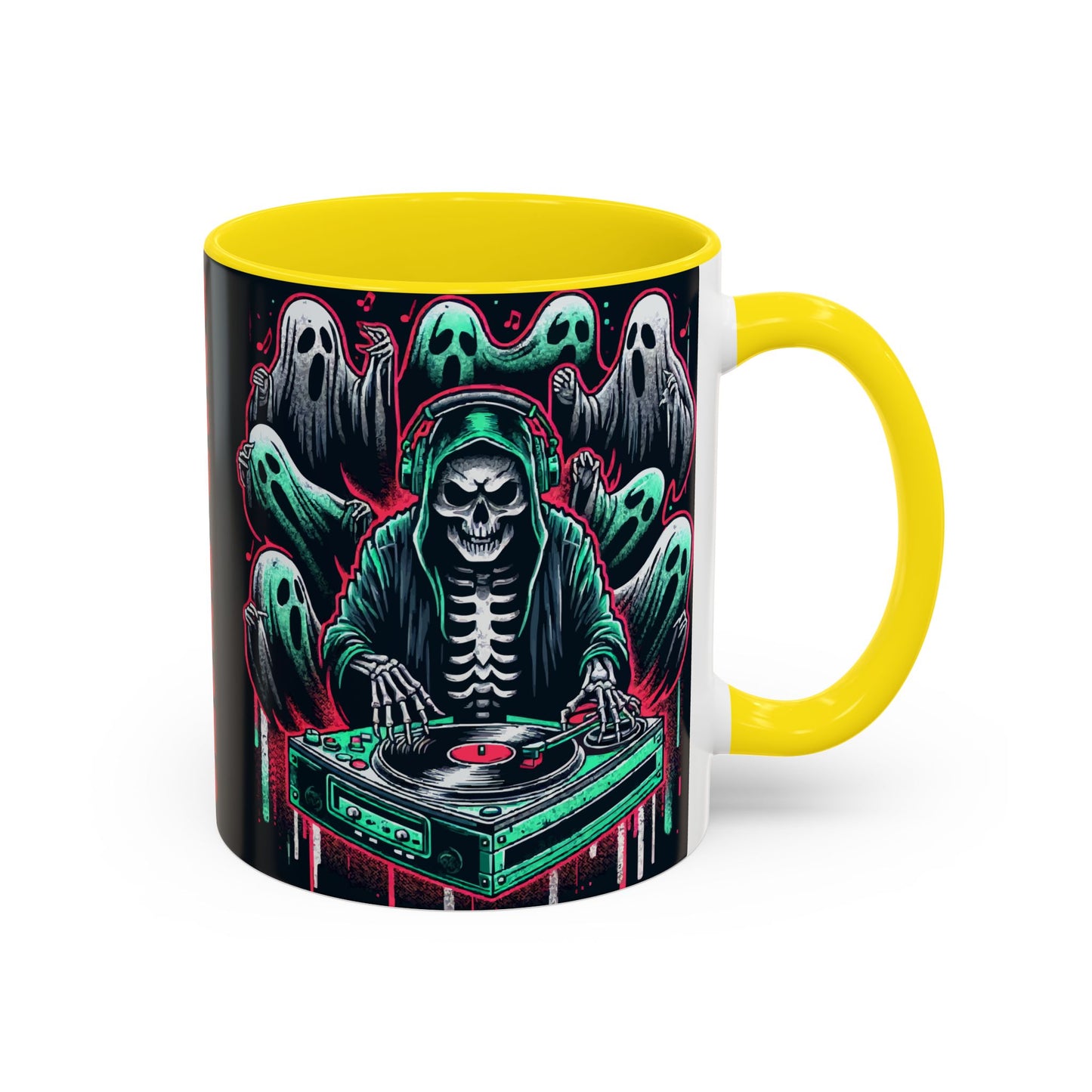 Gothic Coffee Mug, Spooky Mug, Halloween Gift, Ghost-Themed Drinkware, DJ Skull Mug, Music Lover’s Mug