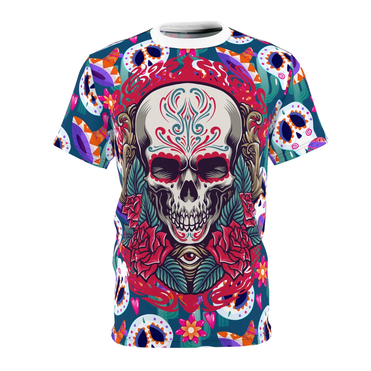 Colorful Skull Print Unisex Tee, Boho Shirt, Festival Wear, Day of the Dead Apparel, Edgy Fashion T-Shirt
