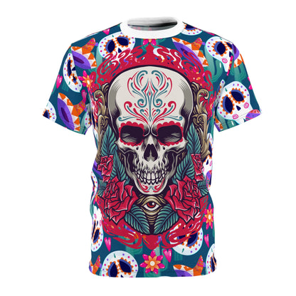 Colorful Skull Print Unisex Tee, Boho Shirt, Festival Wear, Day of the Dead Apparel, Edgy Fashion T-Shirt