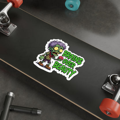 Zombie Brains Over Beauty Die-Cut Stickers, Halloween Decor, Laptop Stickers, Fun Gift for Ghoul Lovers, Quirky Accessories