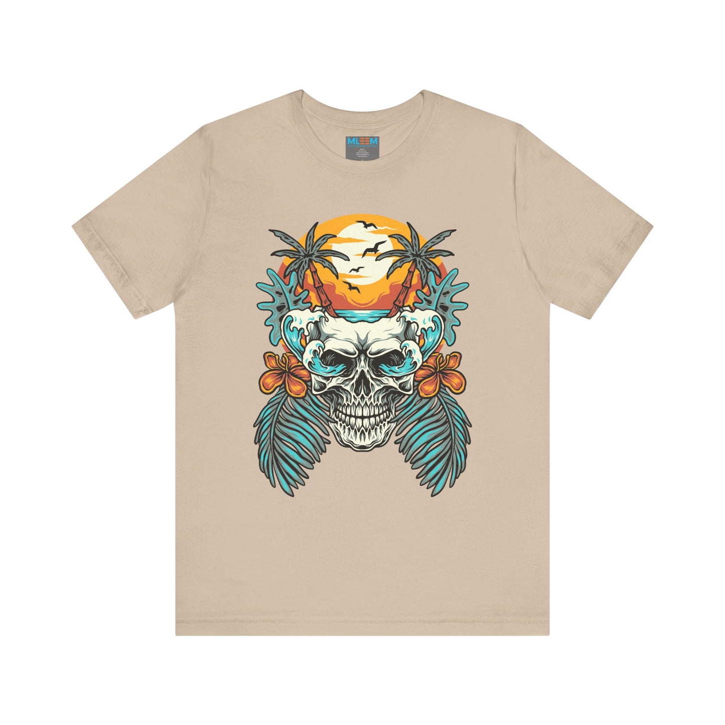 Tropical Skull Graphic Tee - Unisex Short Sleeve Shirt with Palm Trees & Sunset
