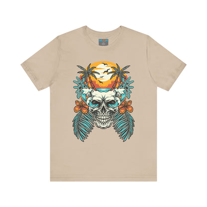 Tropical Skull Graphic Tee - Unisex Short Sleeve Shirt with Palm Trees & Sunset
