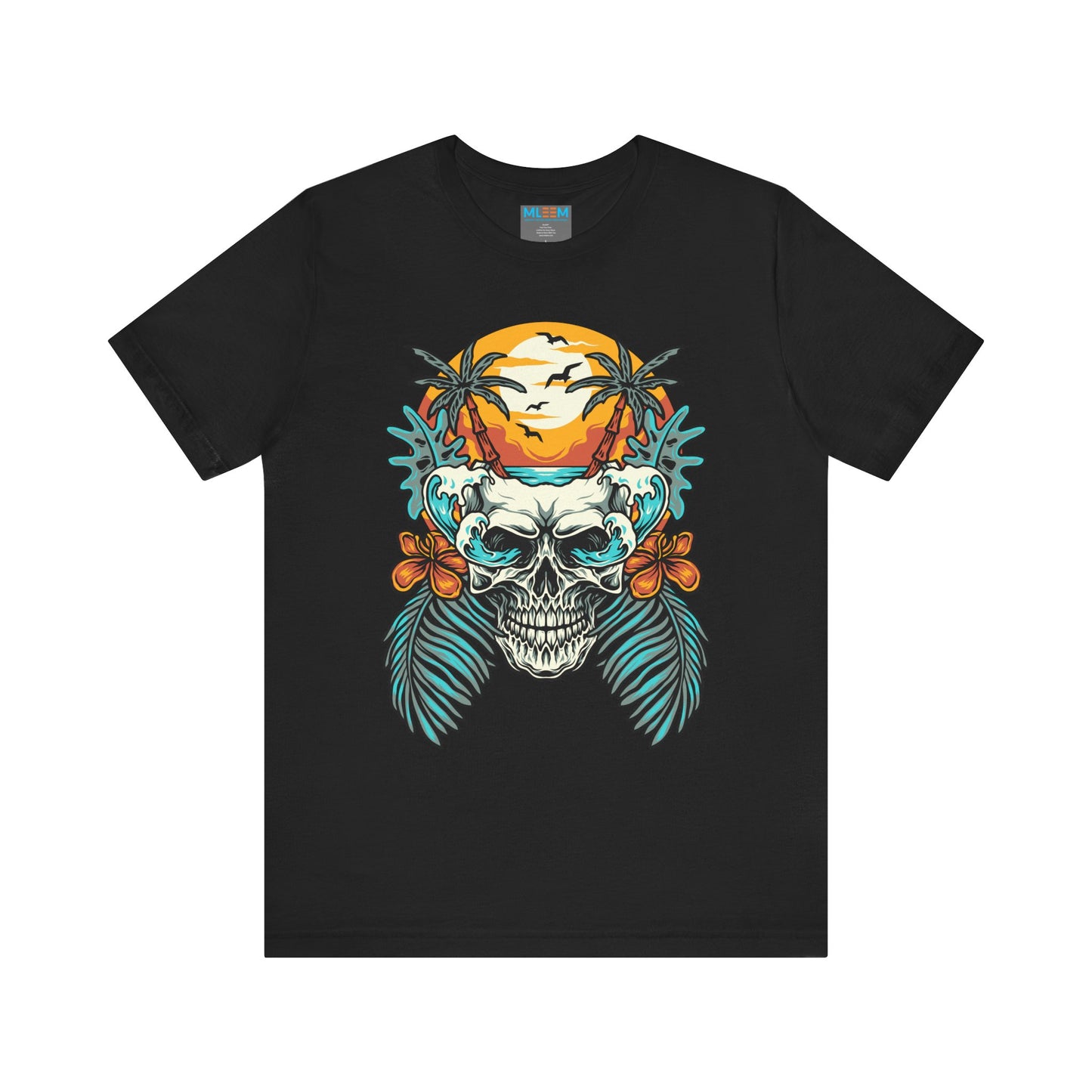 Tropical Skull Graphic Tee - Unisex Short Sleeve Shirt with Palm Trees & Sunset