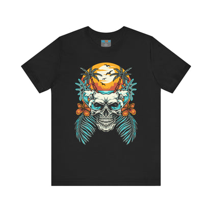 Tropical Skull Graphic Tee - Unisex Short Sleeve Shirt with Palm Trees & Sunset