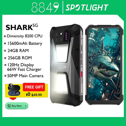 8849 SHARK, Rugged Smartphone 5G, 24GB RAM(12GB+12GB), 256GB ROM, 15600mAh, 120Hz Screen, NFC, WiFi 6,50MP Camera 66W Phone - Mleem