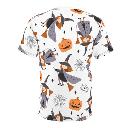 Halloween Unisex Tee, Festive Witch Theme, Spooky Casual Wear, Perfect for Halloween Parties, Trick or Treat Fun, All-Over Print