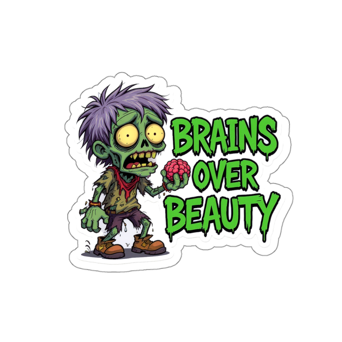 Zombie Brains Over Beauty Die-Cut Stickers, Halloween Decor, Laptop Stickers, Fun Gift for Ghoul Lovers, Quirky Accessories