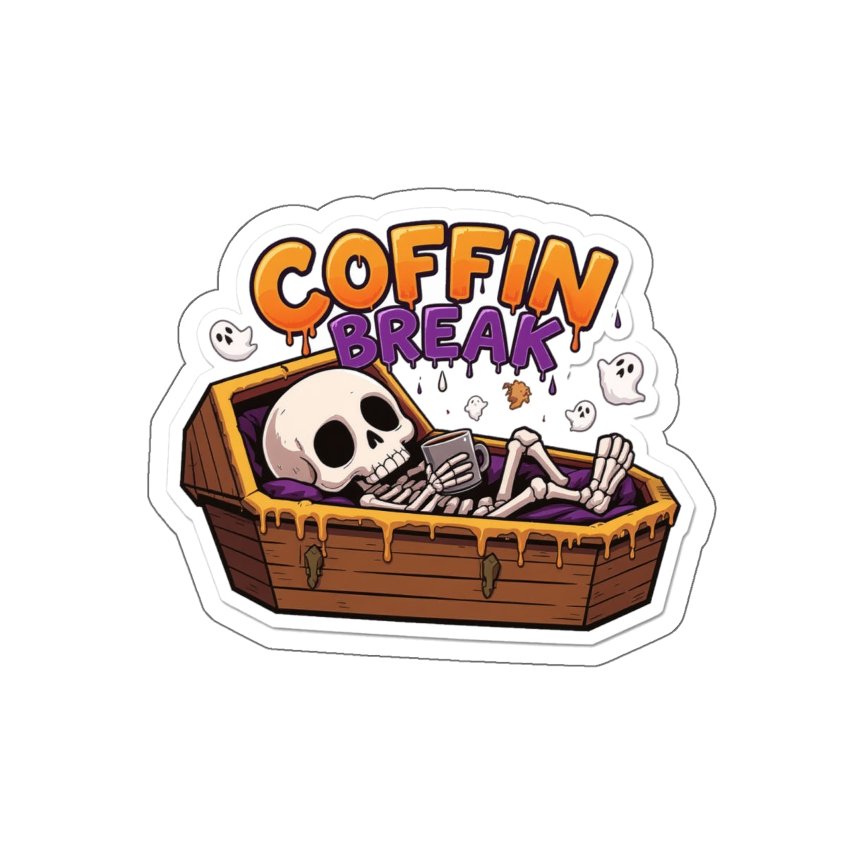 Playful Coffin Break Die-Cut Stickers for Halloween Decor, Laptop, Journals, Gifts, Party Favors, Spooky Vibes