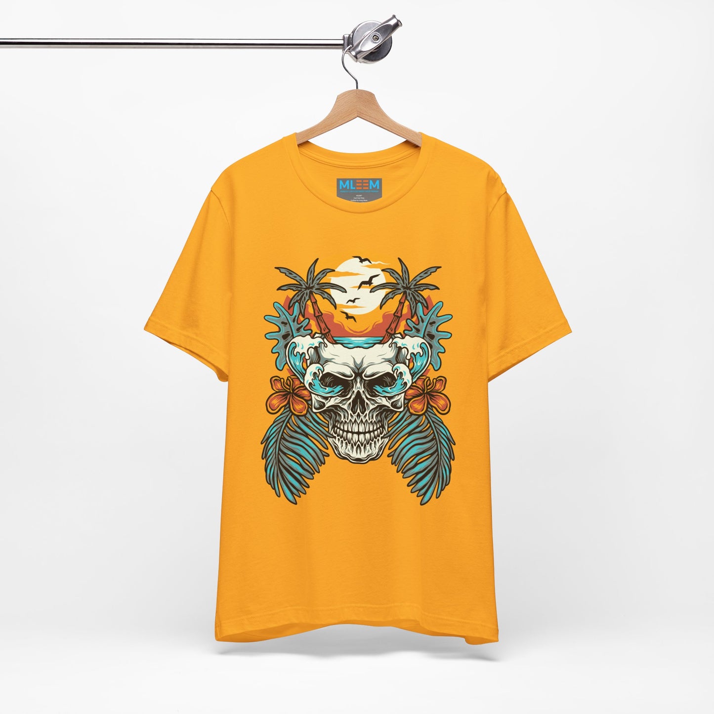 Tropical Skull Graphic Tee - Unisex Short Sleeve Shirt with Palm Trees & Sunset