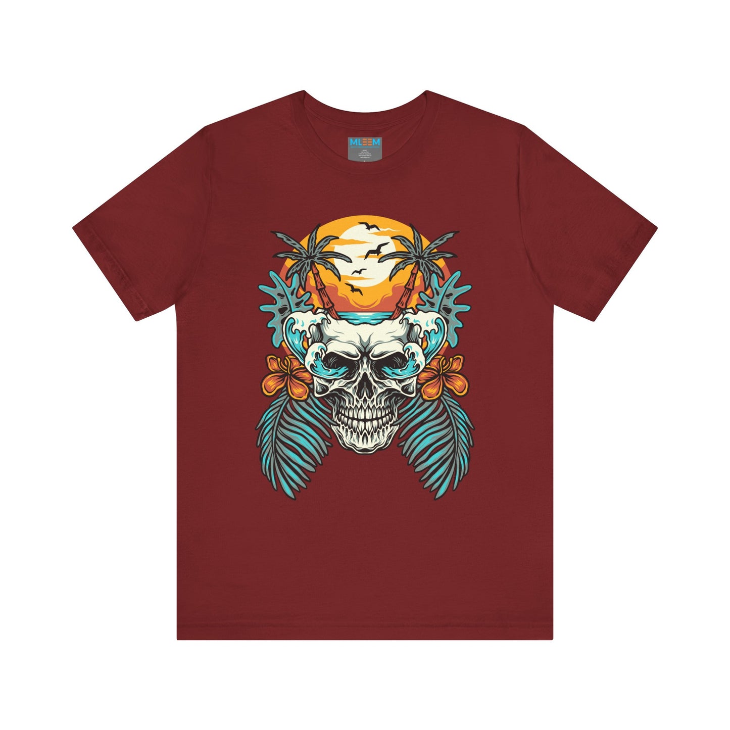Tropical Skull Graphic Tee - Unisex Short Sleeve Shirt with Palm Trees & Sunset