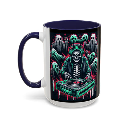Gothic Coffee Mug, Spooky Mug, Halloween Gift, Ghost-Themed Drinkware, DJ Skull Mug, Music Lover’s Mug