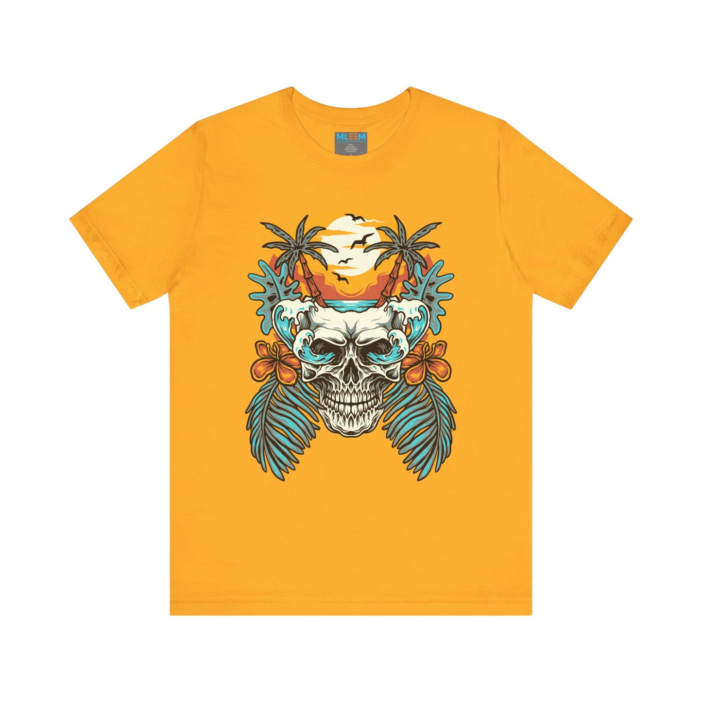 Tropical Skull Graphic Tee - Unisex Short Sleeve Shirt with Palm Trees & Sunset