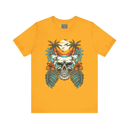 Tropical Skull Graphic Tee - Unisex Short Sleeve Shirt with Palm Trees & Sunset