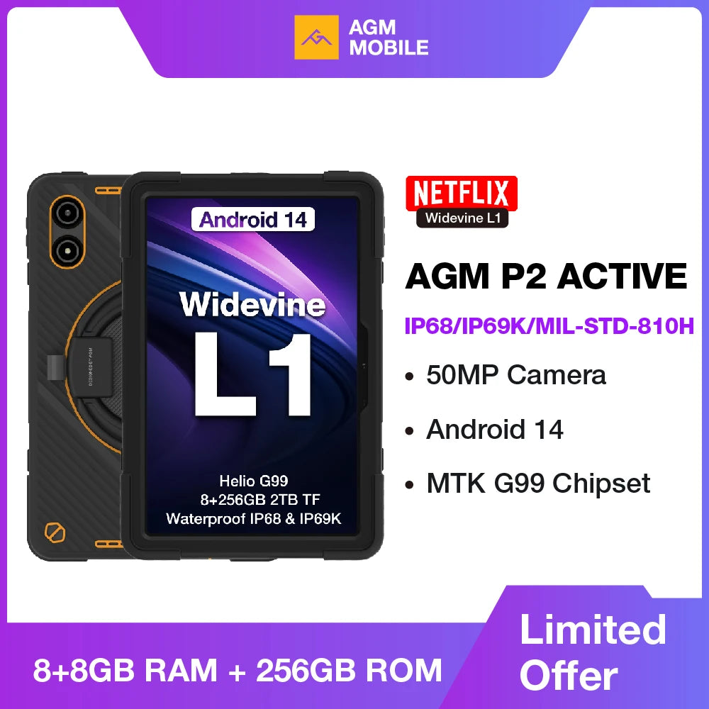 AGM P2 Active 11" FHD Rugged Tablet, IP68 Waterproof/Dustproof, 8GB RAM+256GB, Android 14, G99, Widevine L1 P2W Durable Pad - Mleem