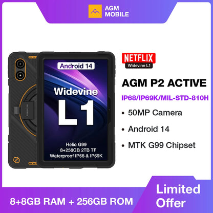 AGM P2 Active 11" FHD Rugged Tablet, IP68 Waterproof/Dustproof, 8GB RAM+256GB, Android 14, G99, Widevine L1 P2W Durable Pad - Mleem