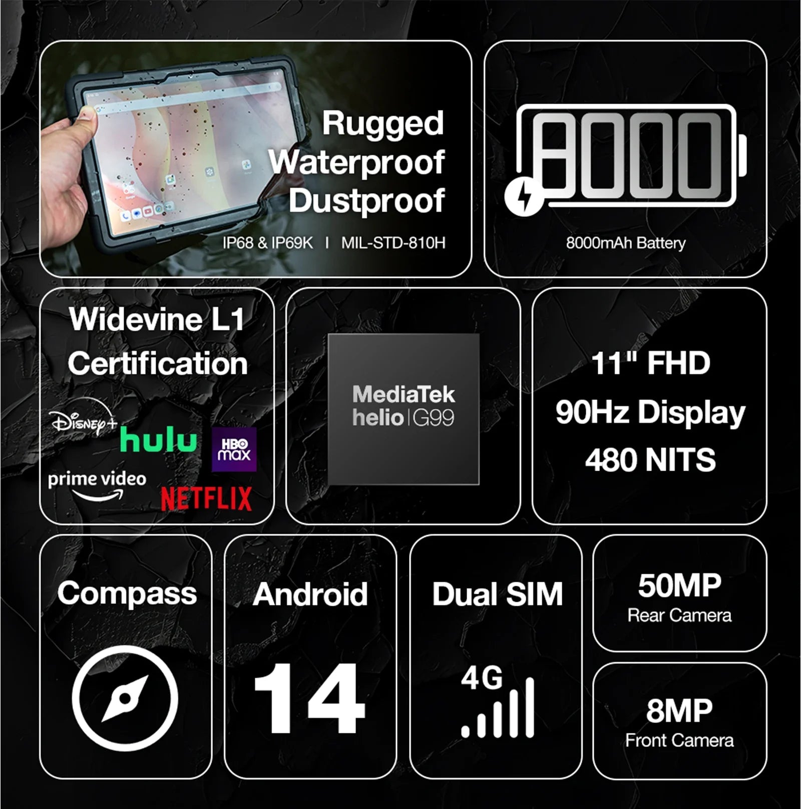 AGM P2 Active 11" FHD Rugged Tablet, IP68 Waterproof/Dustproof, 8GB RAM+256GB, Android 14, G99, Widevine L1 P2W Durable Pad - Mleem