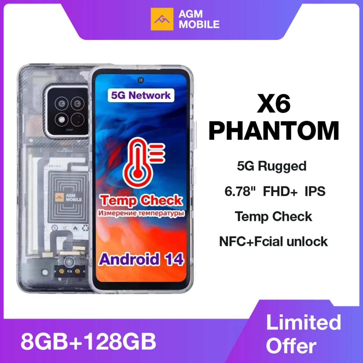 AGM X6 Phantom 5G Rugged Smartphone 6.78" FHD+ 5000mAh 8GB+128GB Temp Check Phone Android 14 50MP NFC Dual SIM - Mleem