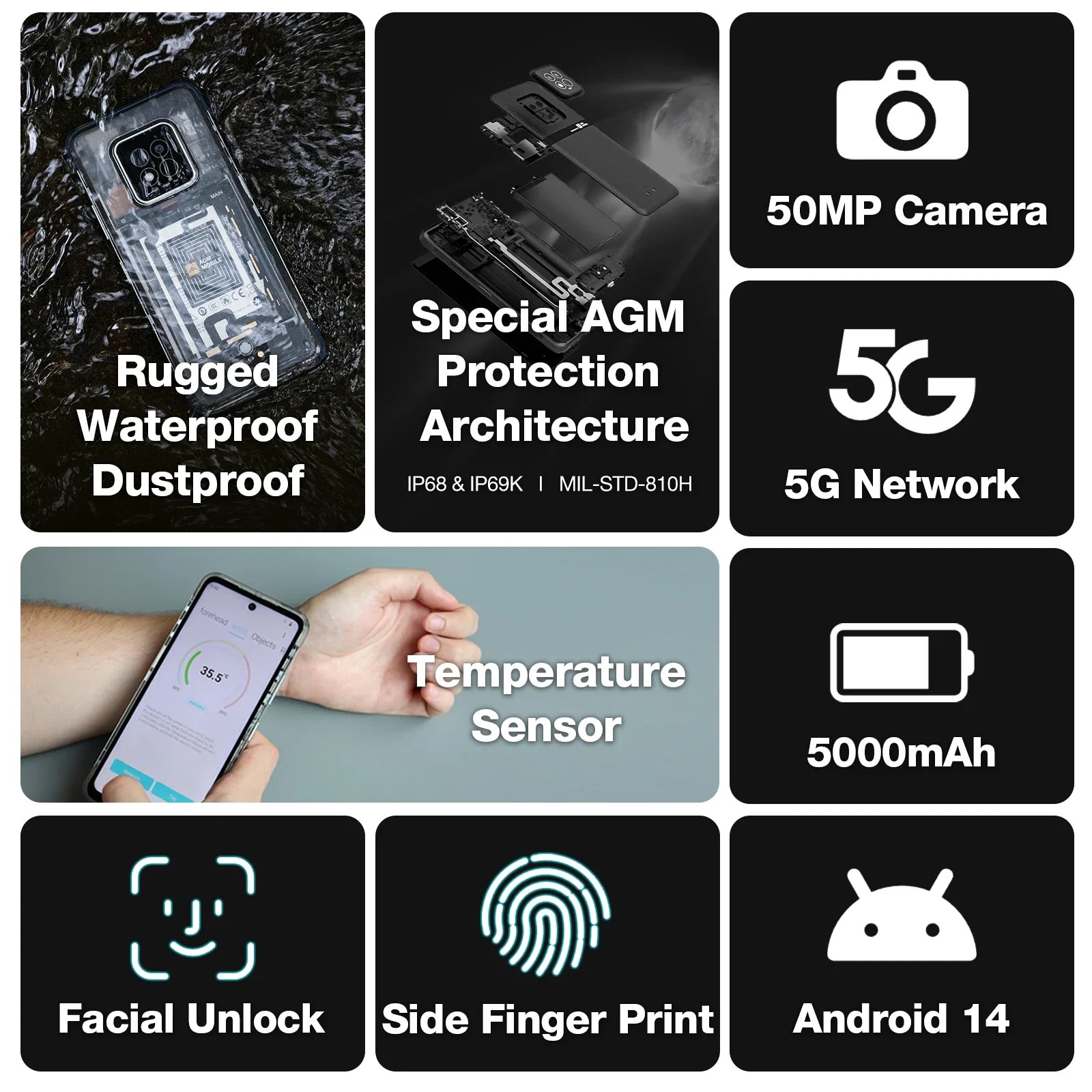 AGM X6 Phantom 5G Rugged Smartphone 6.78" FHD+ 5000mAh 8GB+128GB Temp Check Phone Android 14 50MP NFC Dual SIM - Mleem