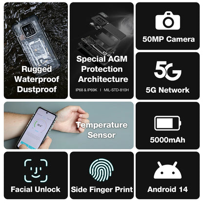 AGM X6 Phantom 5G Rugged Smartphone 6.78" FHD+ 5000mAh 8GB+128GB Temp Check Phone Android 14 50MP NFC Dual SIM - Mleem