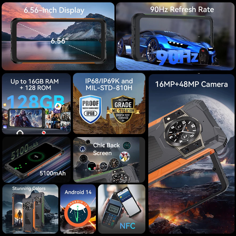 Cubot KingKong ACE 2 Ultra-thin Rugged Smartphone Android 14 16GB RAM(6GB+10GB),+128GB ROM 6.56" 90Hz Screen NFC Cell Phone - Mleem