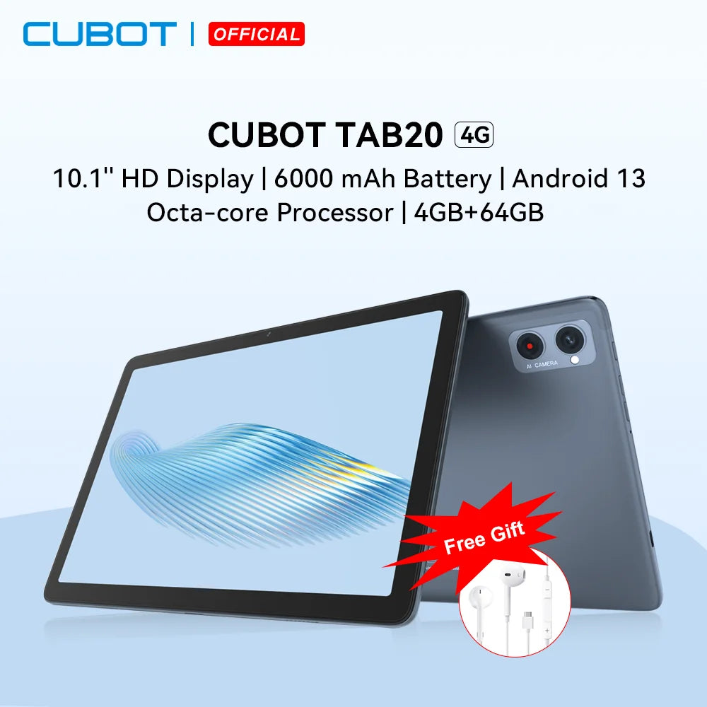 Cubot TAB 20, Tablet Android 13, 10.1" Screen, Octa-Core, 4GB+64GB(Support 1TB Extended), 6000mAh Battery, 4G Dual SIM, WIFI,GPS - Mleem
