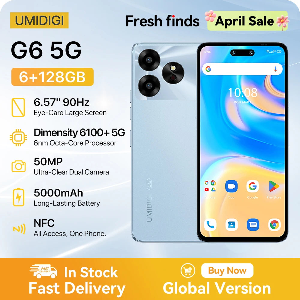 [NEW 5G] UMIDIGI G6 5G Smartphone 5G Android 13 Dimensity 6100+ 6+6GB 128GB 6.57” 90Hz 50MP Ultra-Clear Eye-Care Dual Camera NFC - Mleem