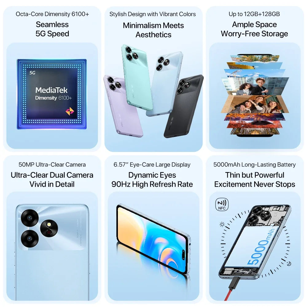 [NEW 5G] UMIDIGI G6 5G Smartphone 5G Android 13 Dimensity 6100+ 6+6GB 128GB 6.57” 90Hz 50MP Ultra-Clear Eye-Care Dual Camera NFC - Mleem
