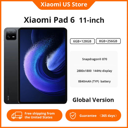 Global Version Xiaomi Pad 6 Tablet 11-inch 128GB 256GB Snapdragon 870 Processor 144Hz WQHD+ 8840mAh 33W Fast Charging Tablet
