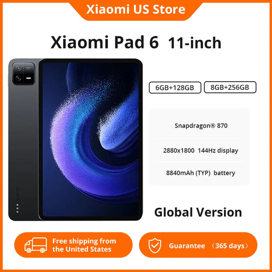 Global Version Xiaomi Pad 6 Tablet 11-inch 128GB 256GB Snapdragon 870 Processor 144Hz WQHD+ 8840mAh 33W Fast Charging Tablet