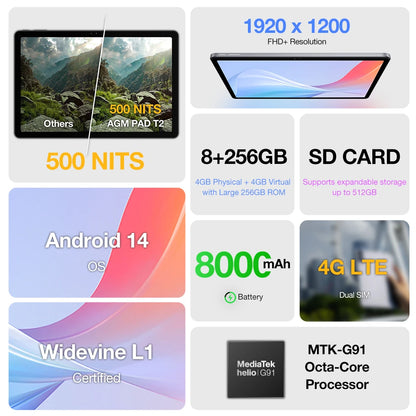 AGM T2 Tablet 11'' FHD+ IPS Display MTK-G91 Octa-Core 8GB RAM 256GB ROM 13MP+2MP Macro 8000mAh Dropproof Android Tablet For Kids