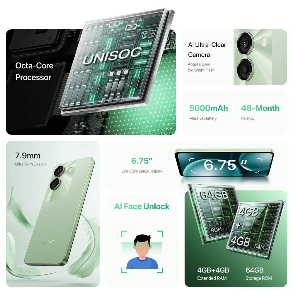 UMIDIGI G9A Android 14 Smartphone Octa-core 13MP Camera 64GB 6.75” Water Drop HD+  5000mAh Battery Dual SIM Card Cellphone - Mleem