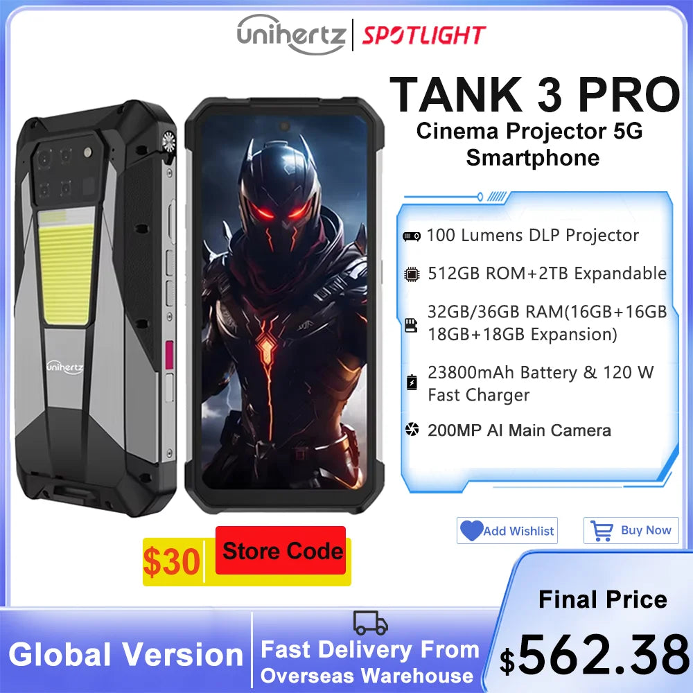 US EU MX Warehouse Unihertz Tank 3 Pro 8849 with 100 Lumens 5G Projector phone,32GB/36GB RAM,512GB ROM,23800mAh 120W,200MP, NFC - Mleem