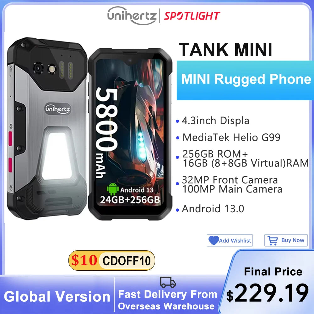 Unihertz 8849 Tank Mini Rugged Smartphone 4.3 Inch Display Android 13 Helio G99 Octa Core 5800mAh 100MP Cameras 24GB 256GB IP68 - Mleem