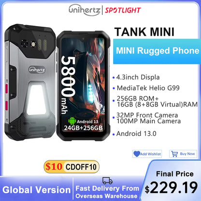 Unihertz 8849 Tank Mini Rugged Smartphone 4.3 Inch Display Android 13 Helio G99 Octa Core 5800mAh 100MP Cameras 24GB 256GB IP68 - Mleem