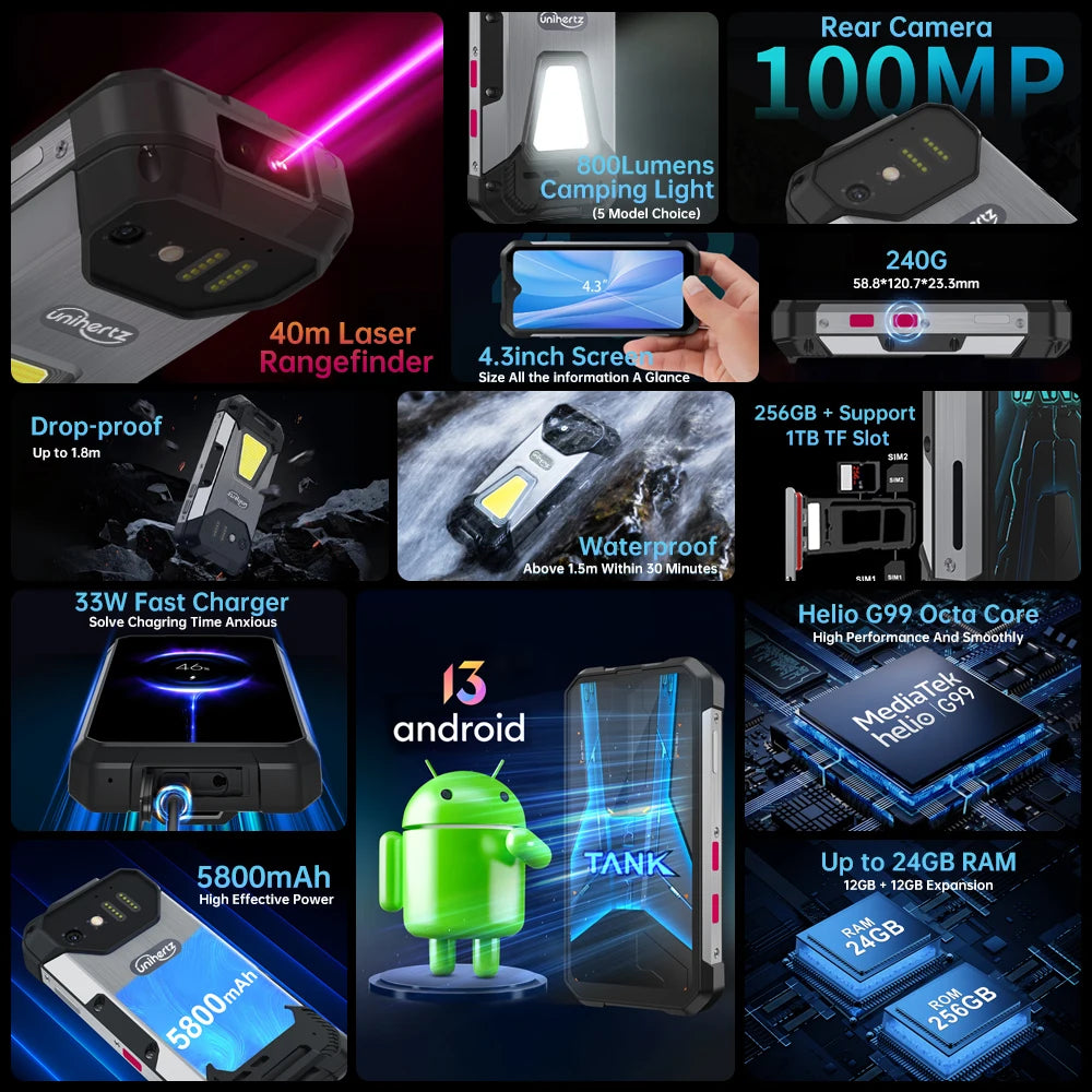 Unihertz 8849 Tank Mini Rugged Smartphone 4.3 Inch Display Android 13 Helio G99 Octa Core 5800mAh 100MP Cameras 24GB 256GB IP68 - Mleem