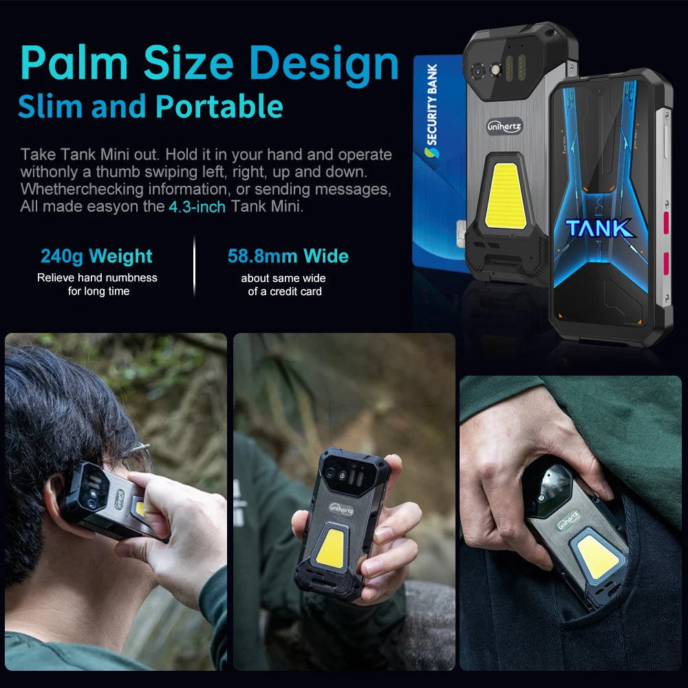 Unihertz 8849 Tank Mini Rugged Smartphone 4.3 Inch Display Android 13 Helio G99 Octa Core 5800mAh 100MP Cameras 24GB 256GB IP68 - Mleem