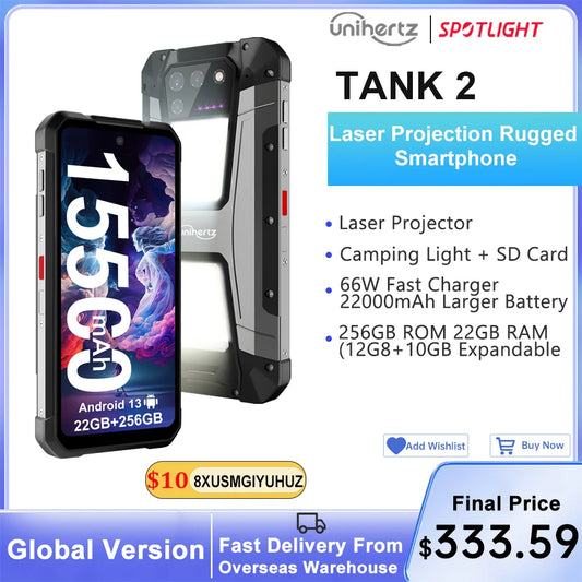 Unihertz 8849 tank 2 projector powered smartphone 22GB 512GB camping light cellphones 108mp G99 64MP night vision mobile phones - Mleem