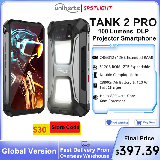 Unihertz tank 2 Pro 8849 rugged phone with projector, 100MP camera, 24GB 512GB, Android 14, 100MP, NFC, Helio G99, 23800mAh , 4G - Mleem