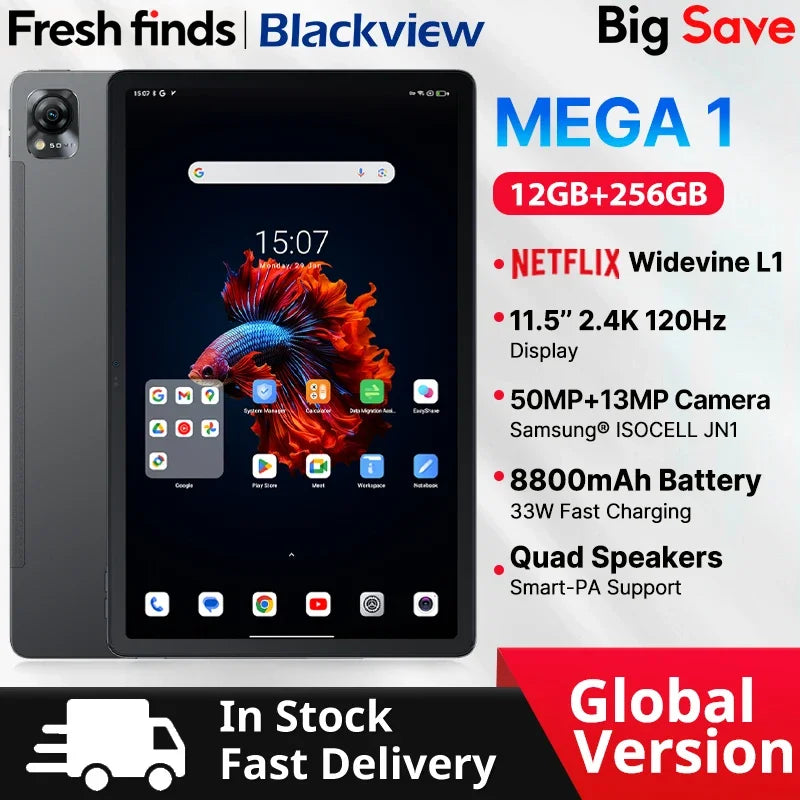 【World Premiere】Blackview MEGA 1 Tablet 11.5 inch 2.4K 120Hz Display 8GB 256GB 50MP+13MP Camera 8800mAh 33W Fast Charging Pad P - Mleem